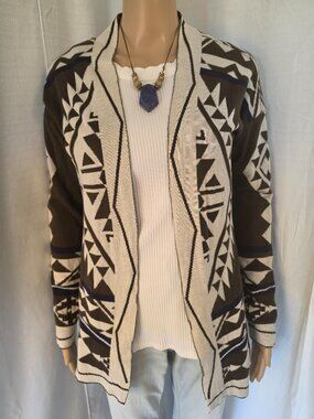 Pink Republic Cotton Blend Brown, Tan & Navy Navajo Pattern Cardigan Size Medium